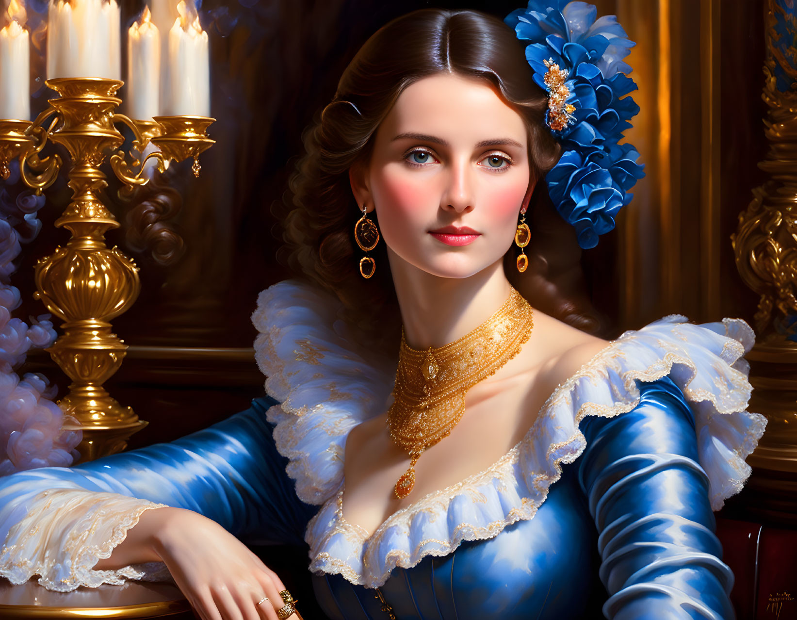 Portrait of Woman in Blue Historical Dress with Flower in Hair and Gold Jewelry Sitting by Candlelit Table