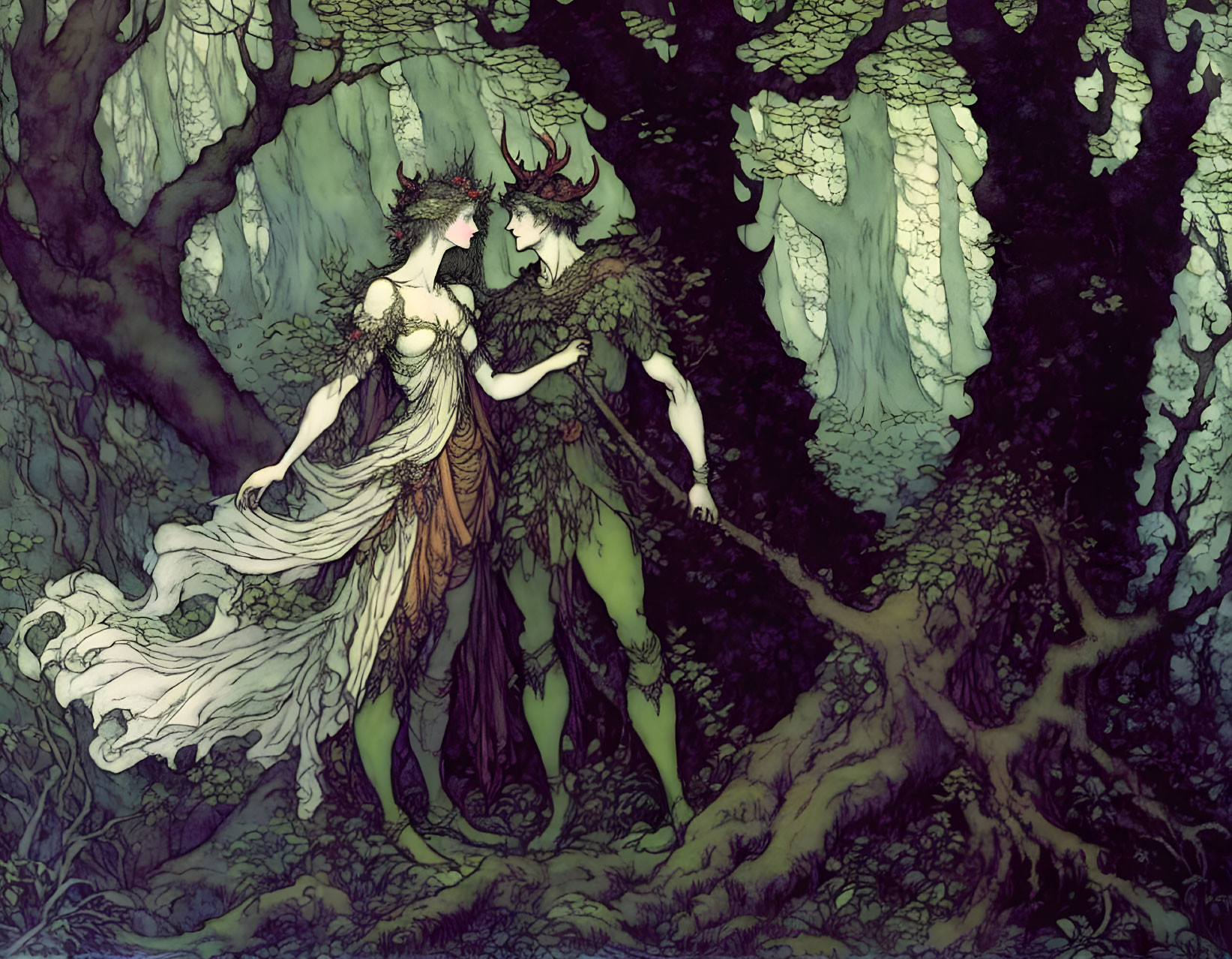 Illustration of Male and Female Figures in Nature-Inspired Attire in Enchanted Forest