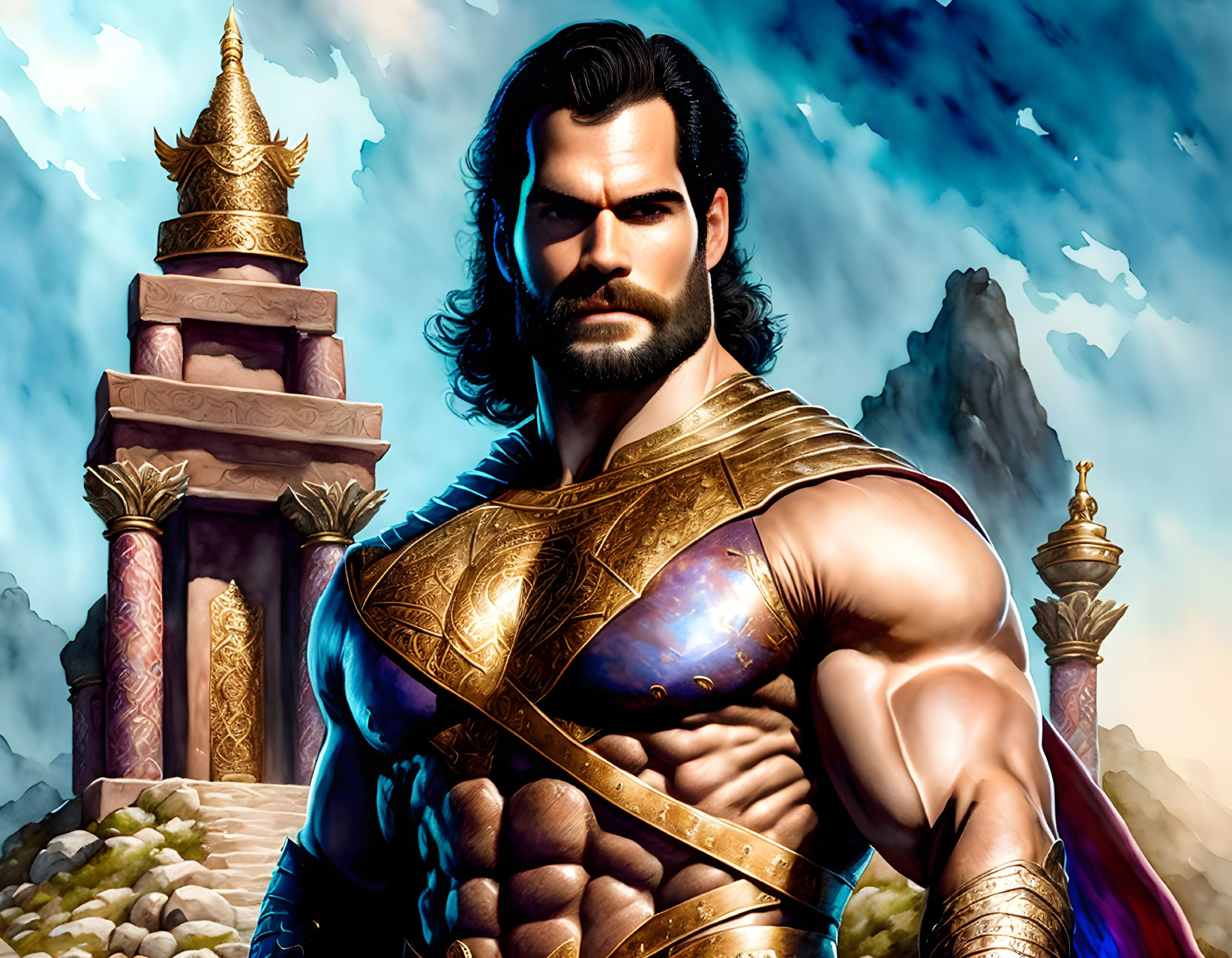 Muscular animated male character in golden armor with beard in temple background