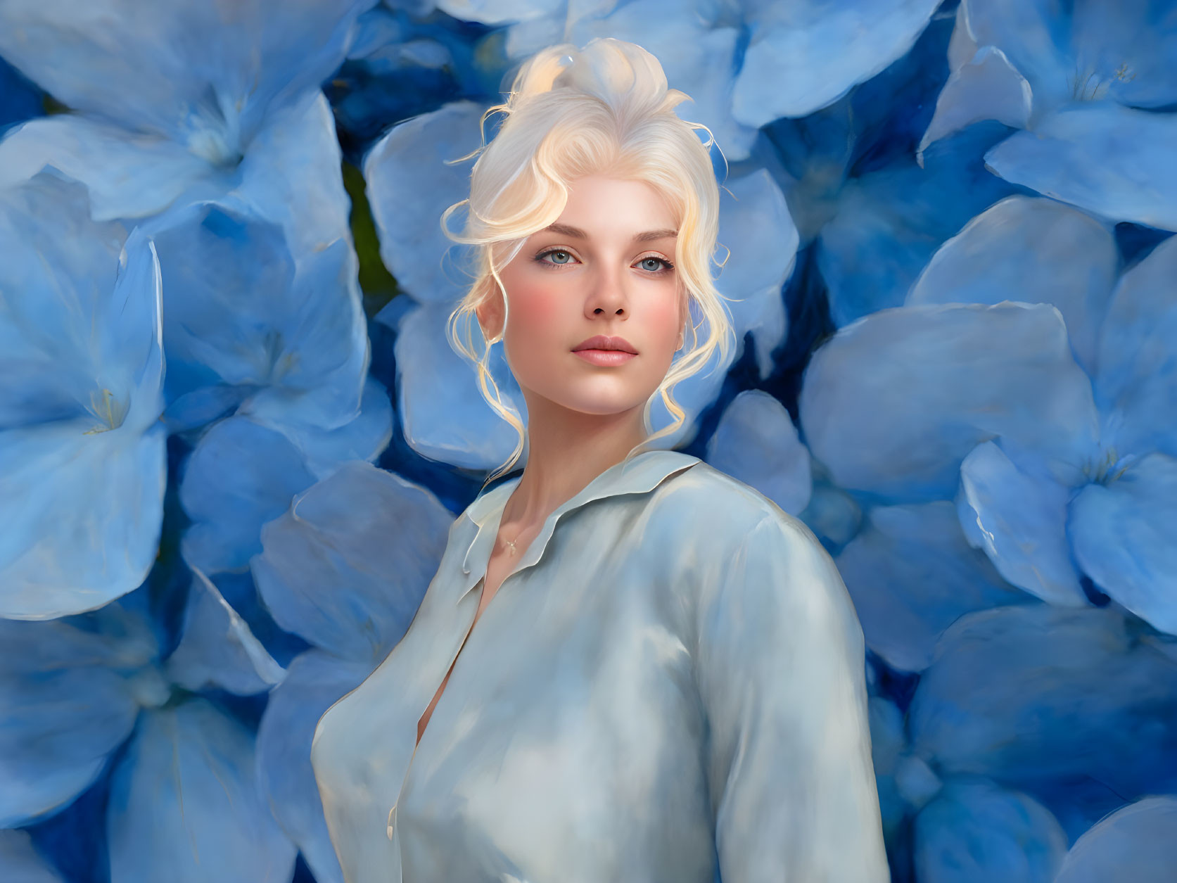 Blond Woman Surrounded by Blue Hydrangea Flowers