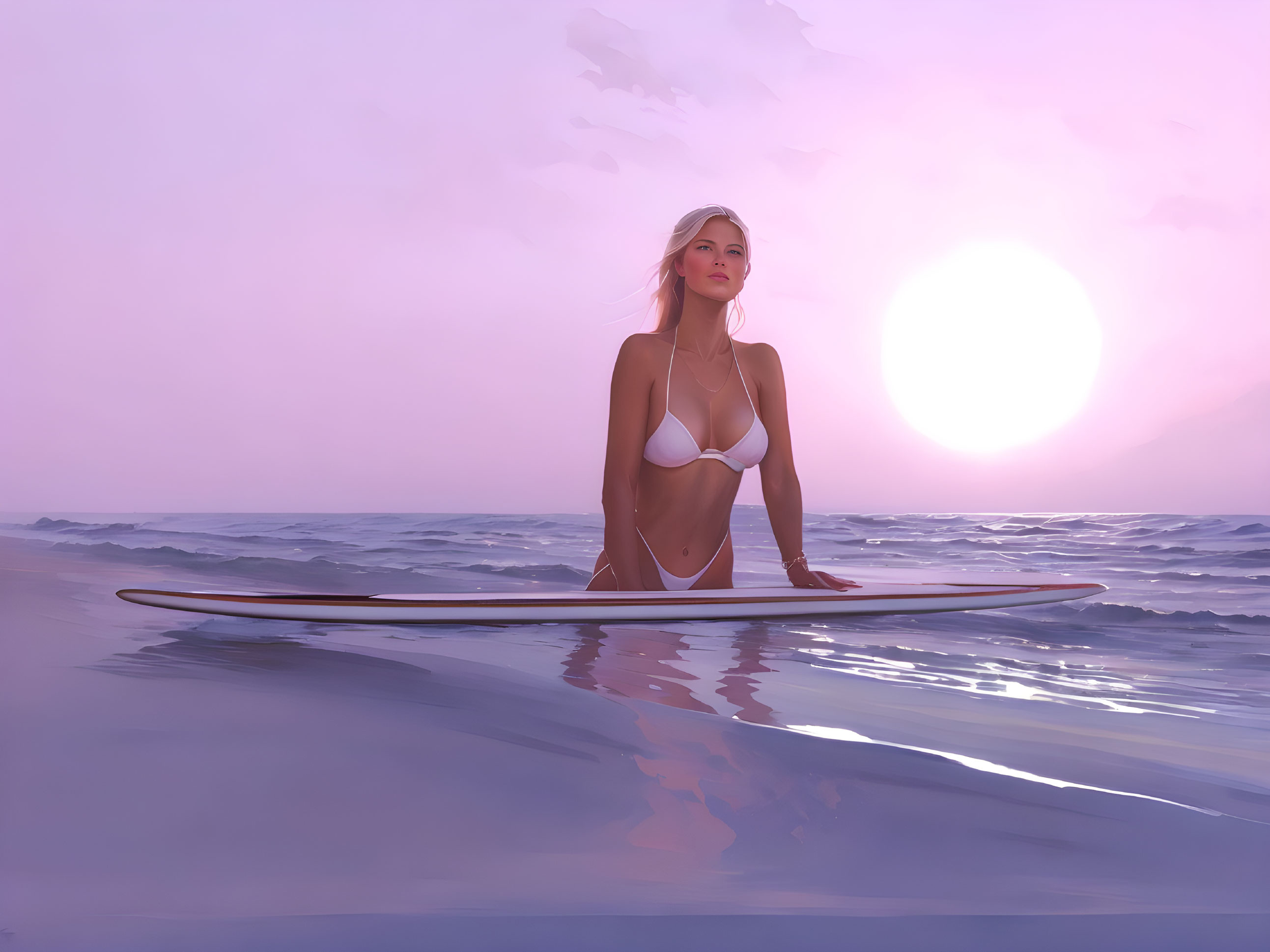 Woman in bikini on surfboard at beach during sunset.