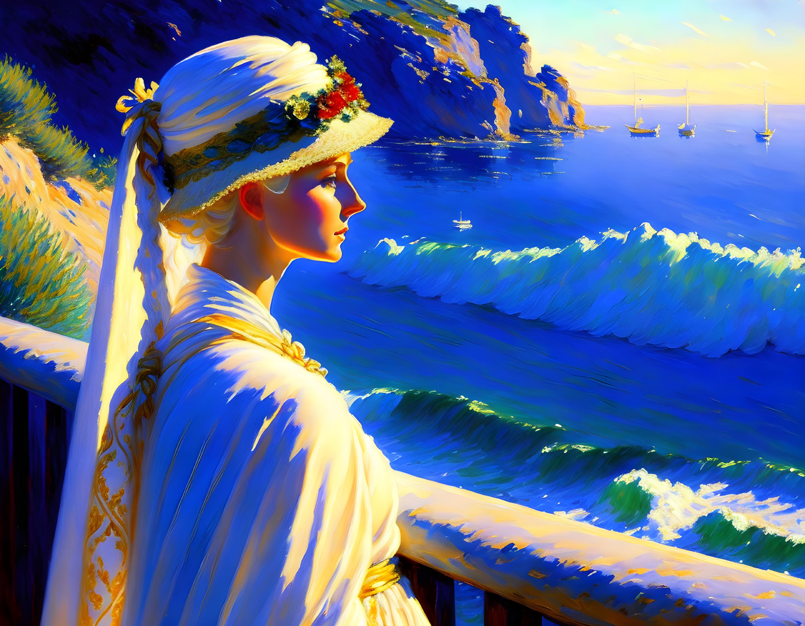 Woman in traditional attire gazes at sea with sailboats from cliffside railing at sunset