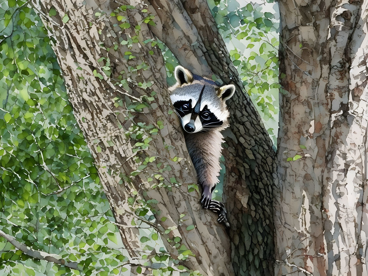 Curious raccoon hiding behind tree trunk in lush foliage