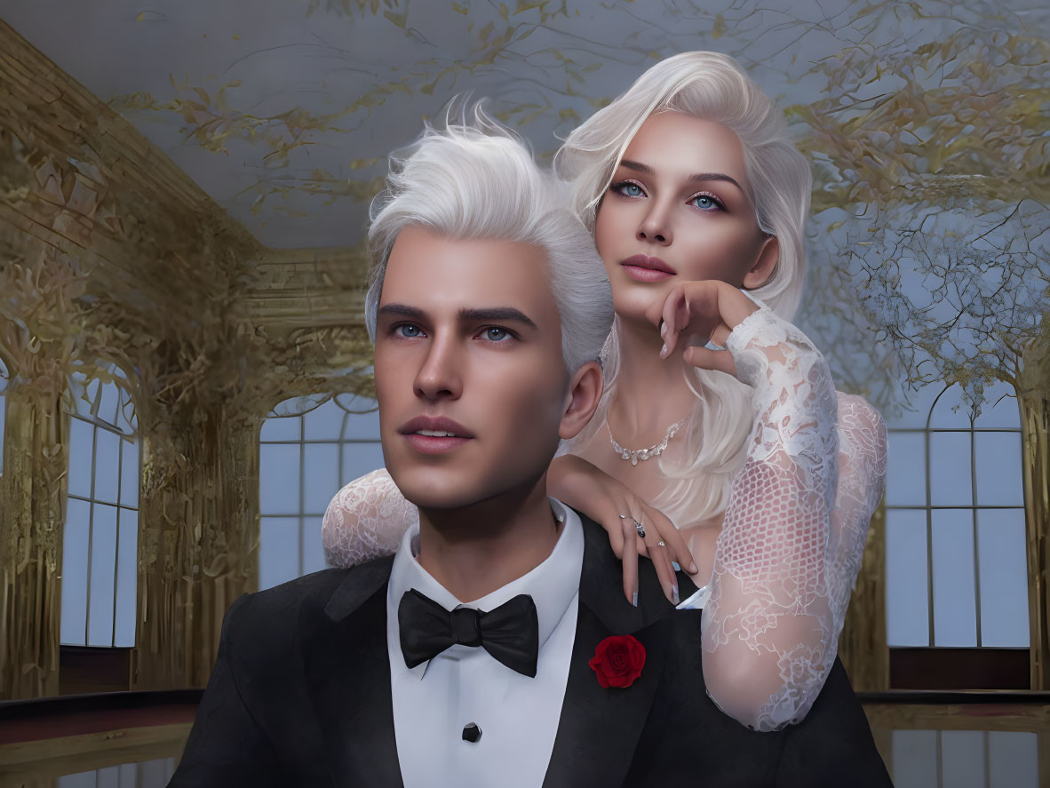 Elegant characters with white hair in tuxedo and lace dress pose in grand room.