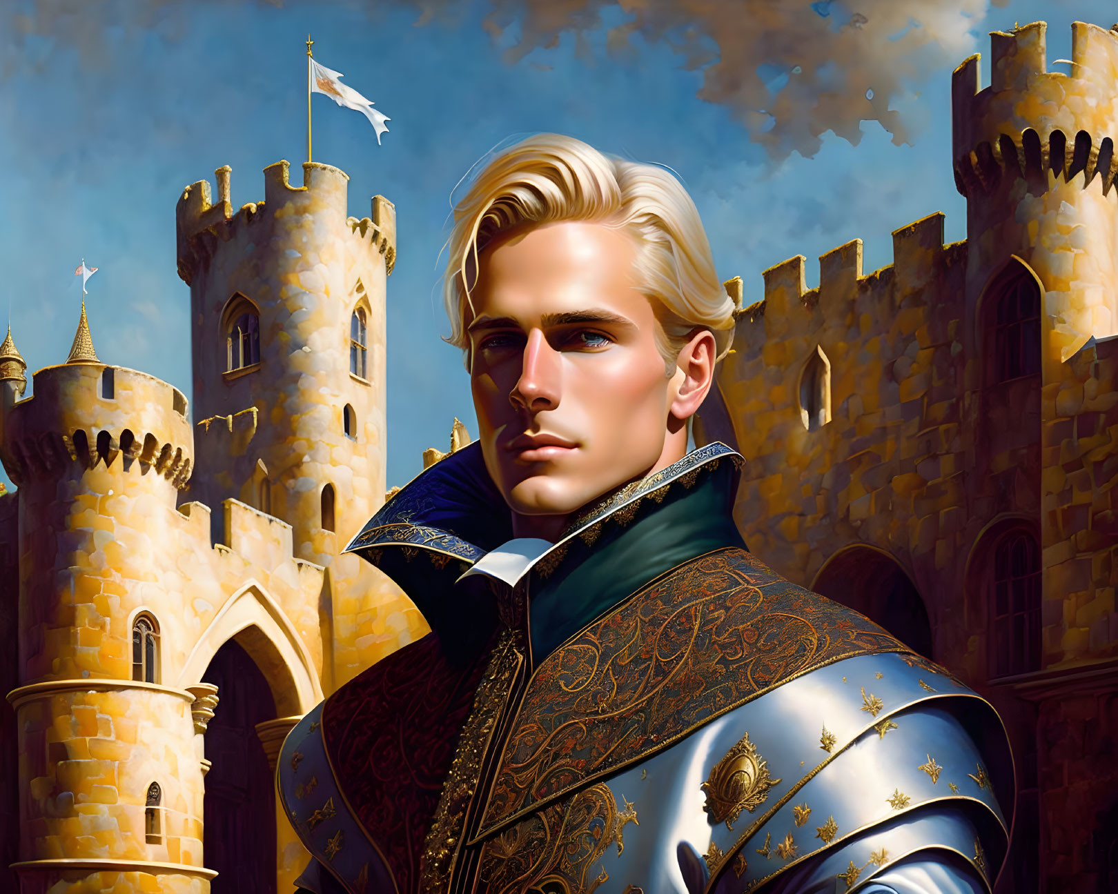 Blond man in ornate armor by castle with flag