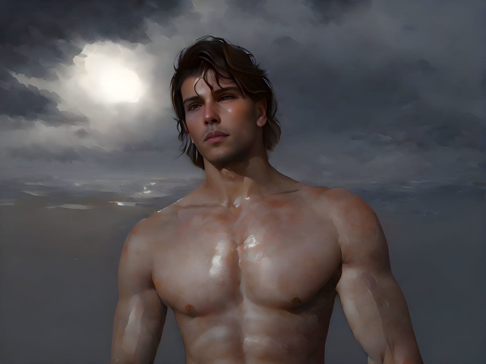 Wavy-Haired Shirtless Man Contemplating Under Cloudy Sky