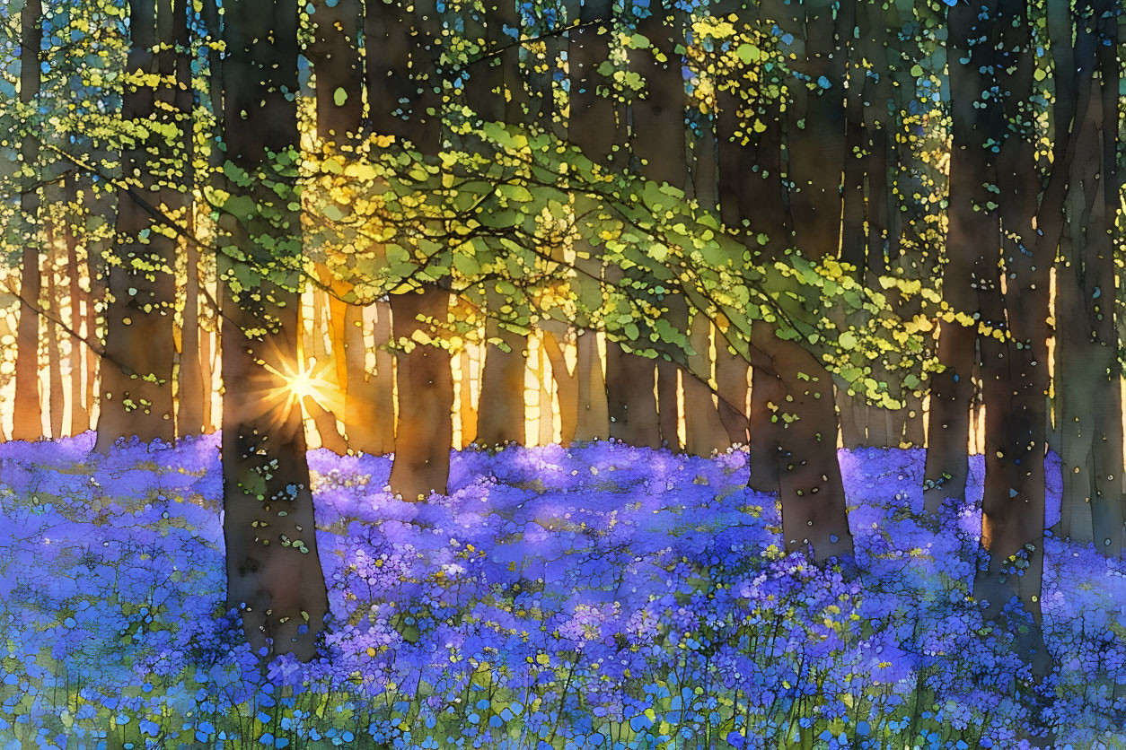 Sunbeam lighting serene forest with vibrant bluebells.