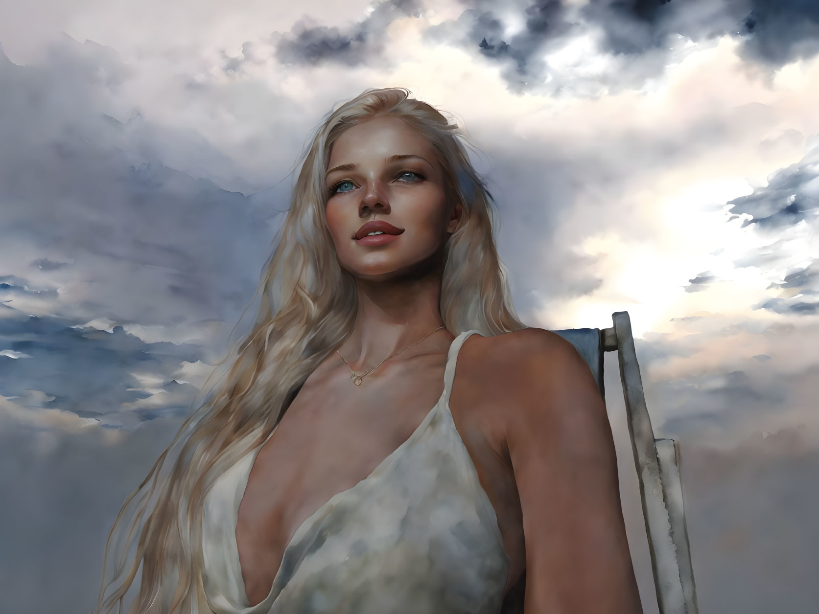 Blonde woman in white dress under dramatic clouds