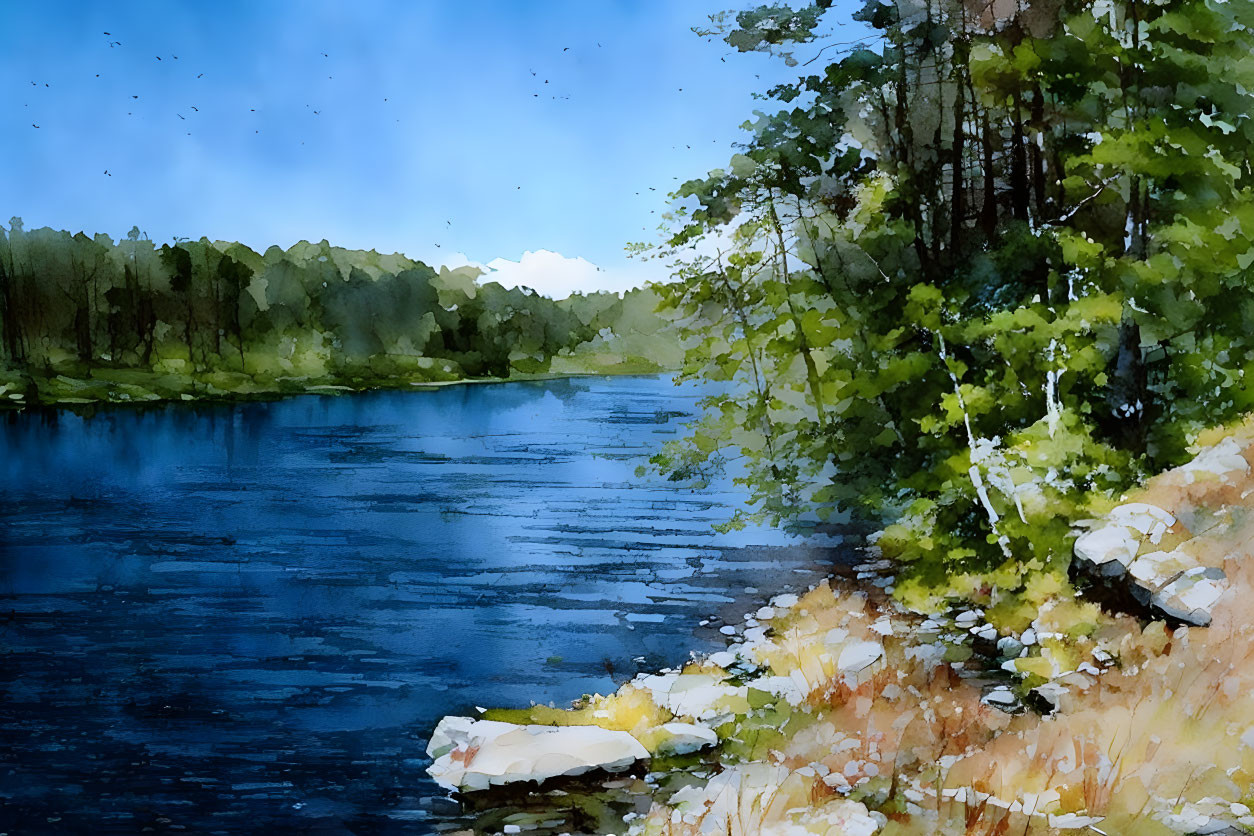 Serene river with green trees in watercolor