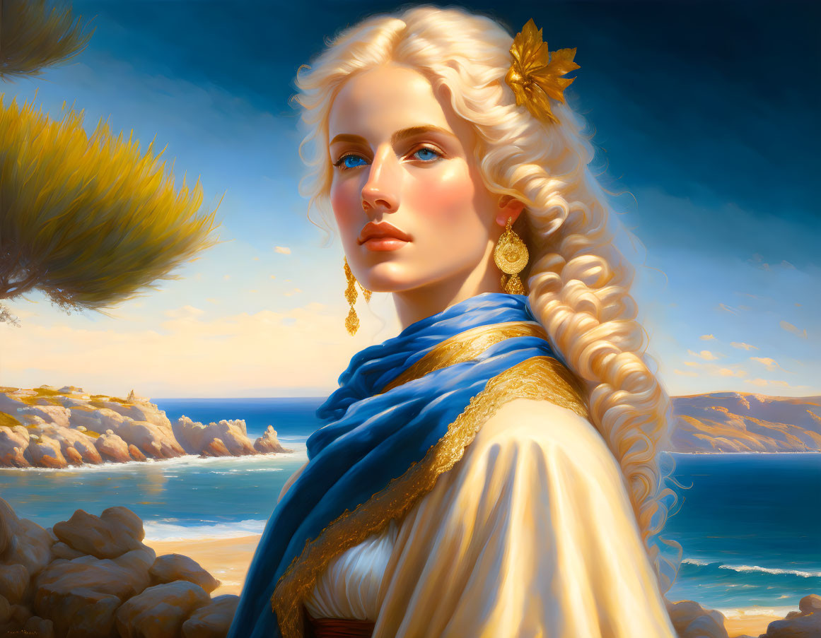 Blonde woman in blue attire with golden accessories by the coast