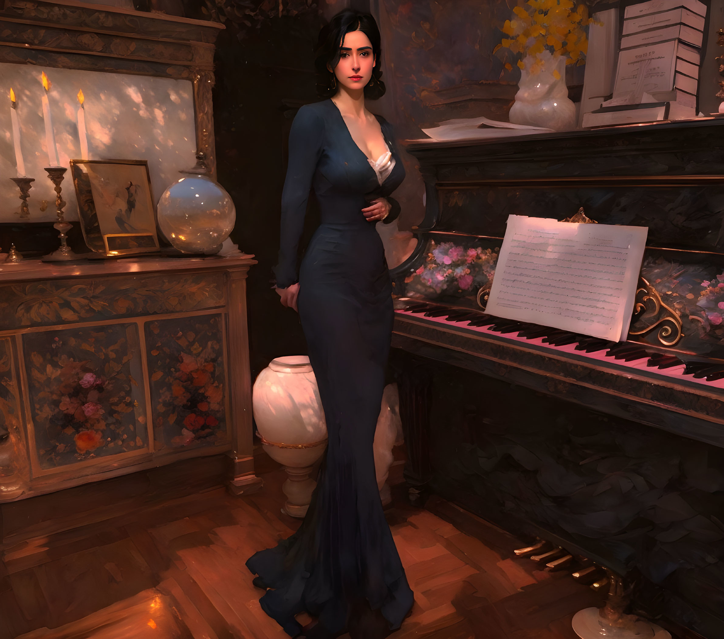 Digital Artwork: Woman in Blue Gown by Piano with Candles and Flowers