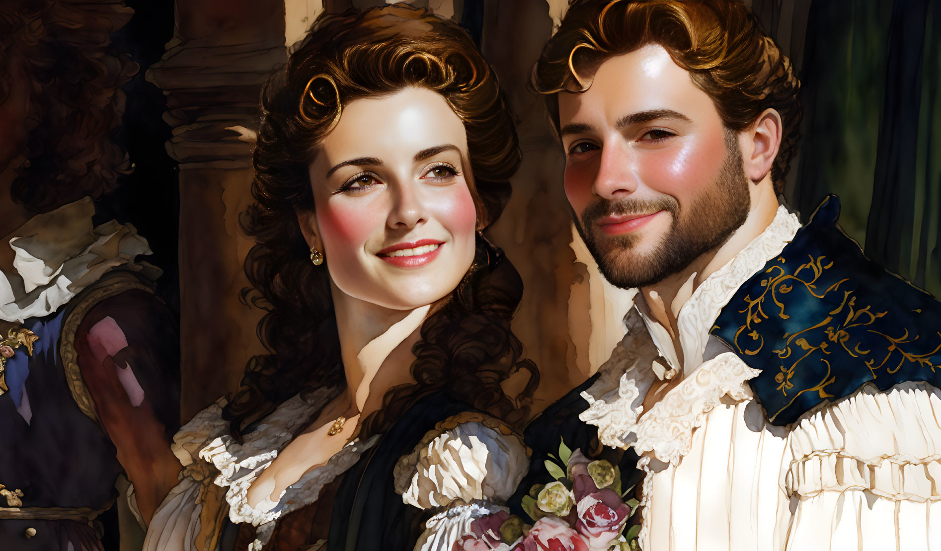 Portrait of smiling man and woman in historical attire.