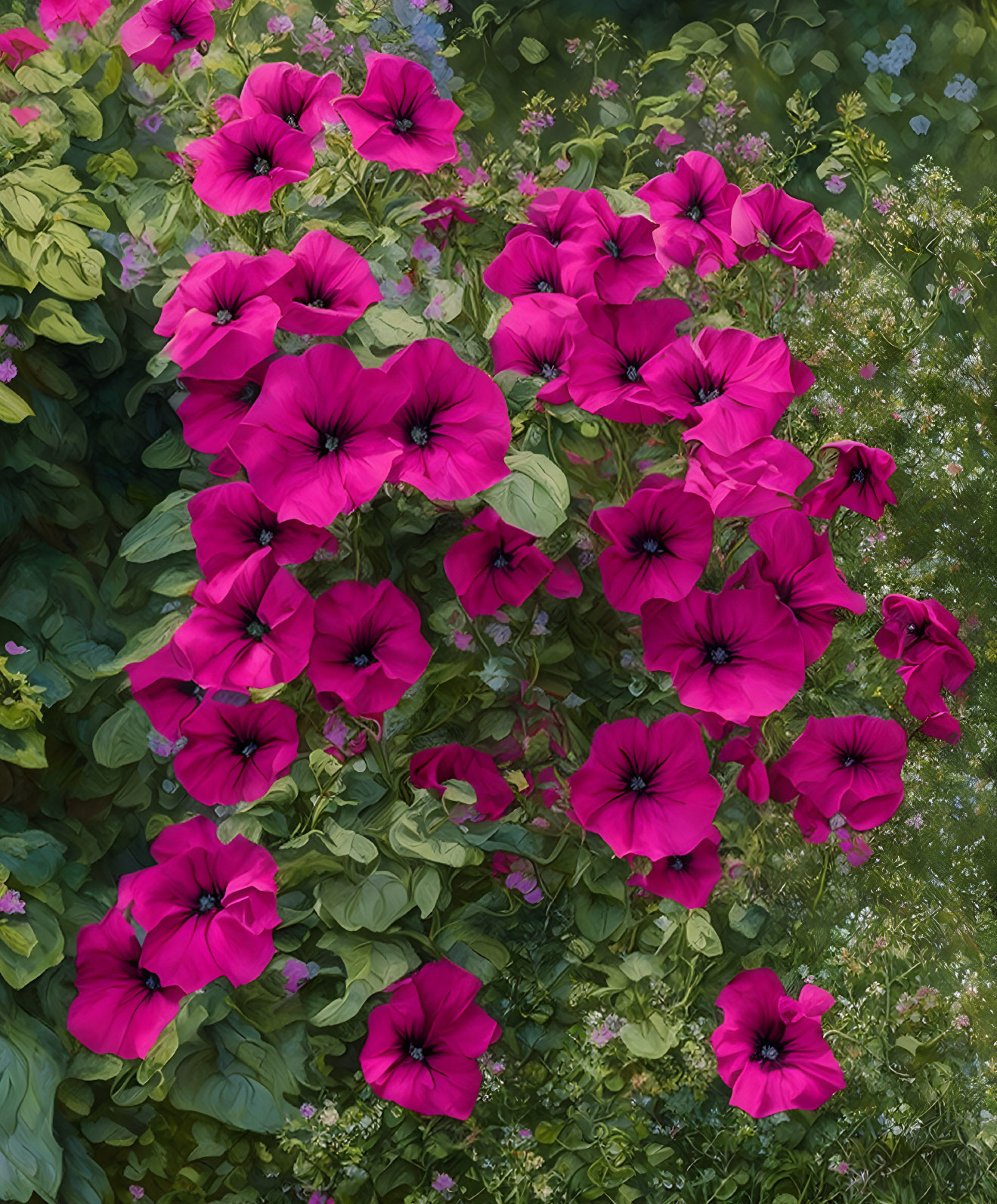 Fuchsia-Colored Petunias in Sunlit Garden