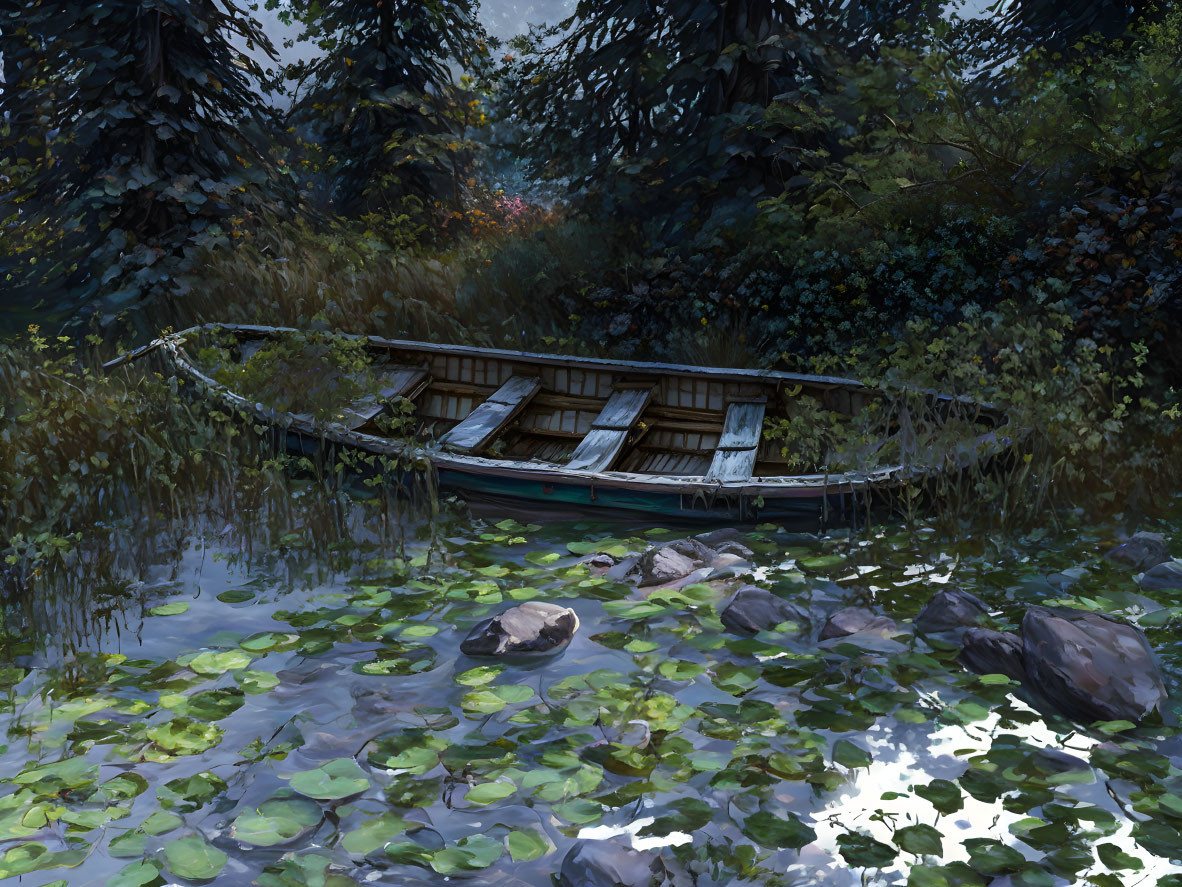 Old wooden rowboat in forest pond with lily pads & trees