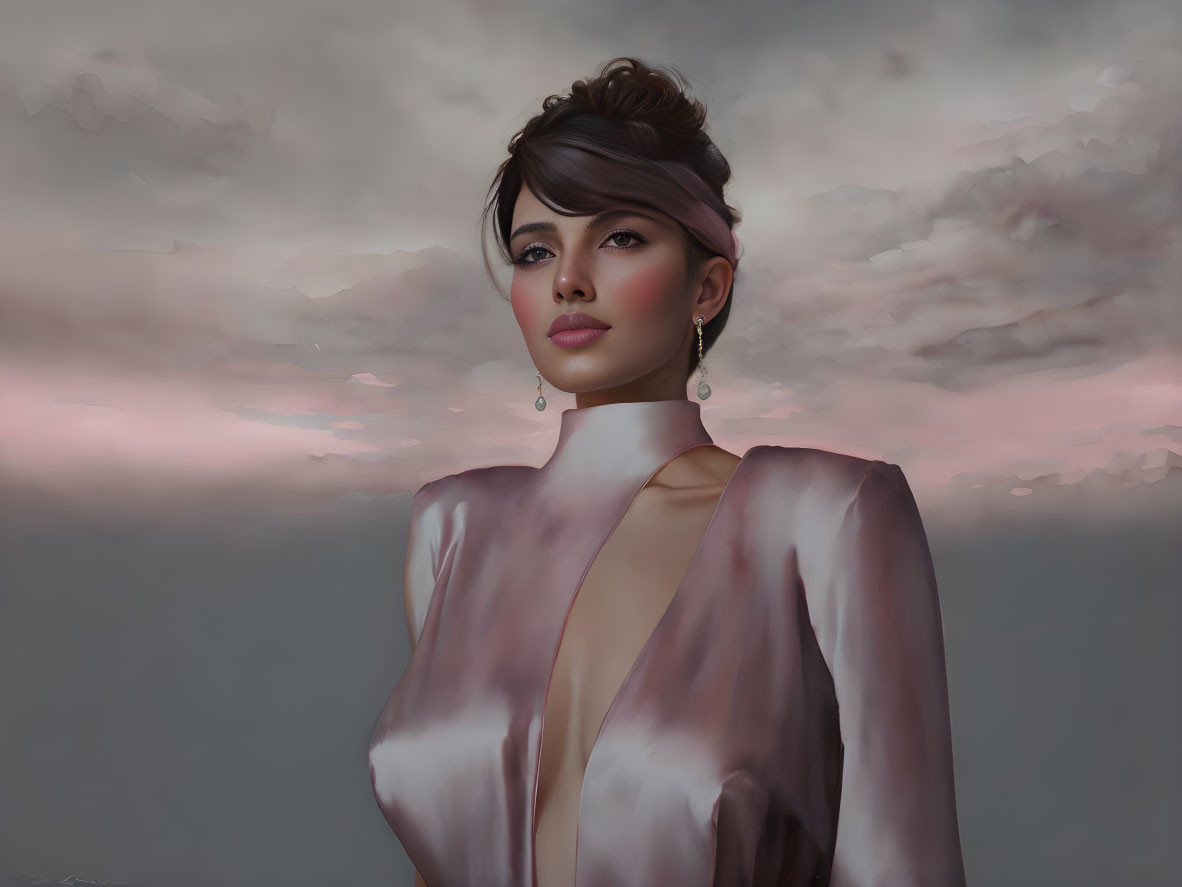 Stylish woman in satin dress against pink cloudy sky