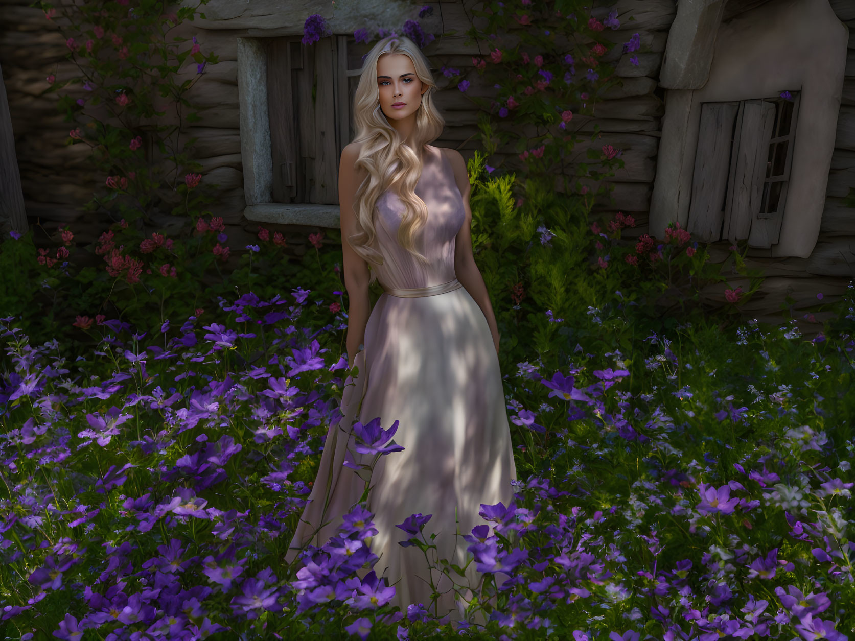 Woman in beige dress surrounded by purple flowers near rustic house