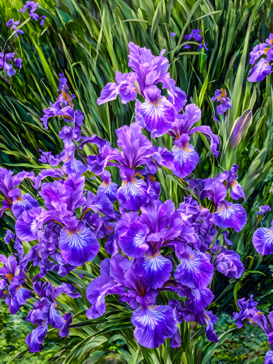 Purple Irises with White Accents on Green Foliage