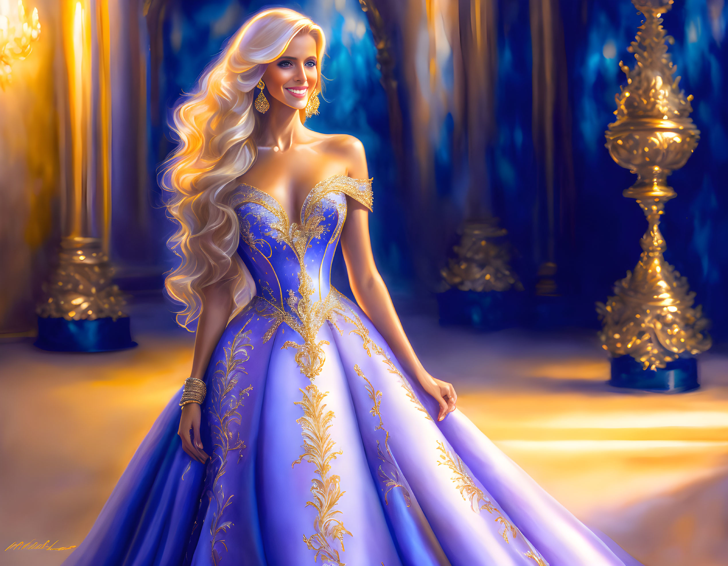 Animated character in blue ball gown in golden-lit ballroom