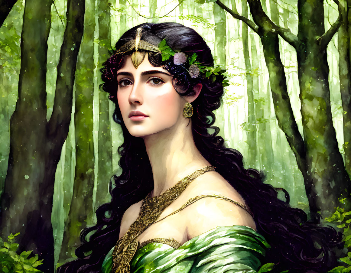 Portrait of woman with dark hair in gold headpiece and green dress against forest.