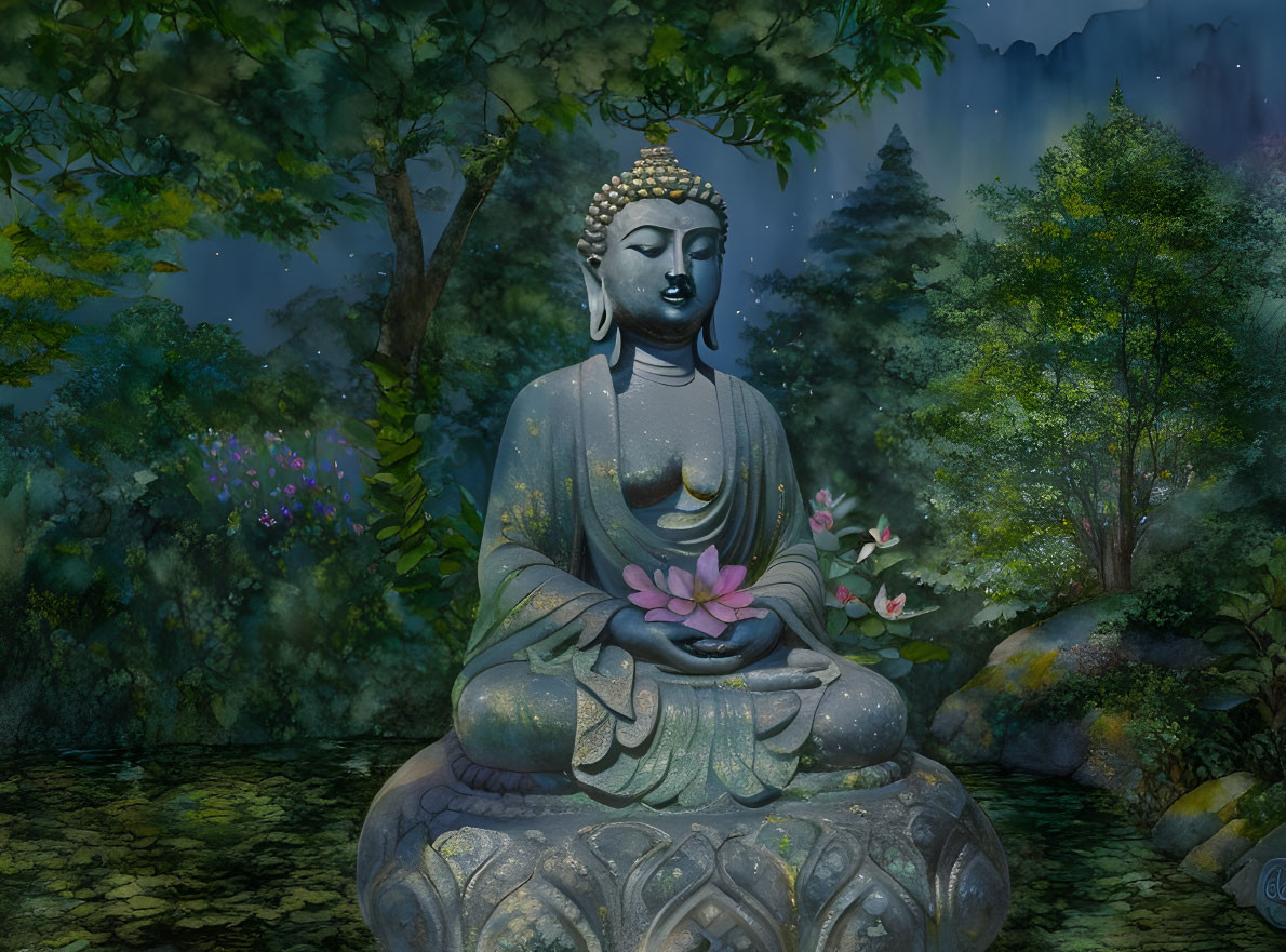 Buddha statue holding pink lotus in forest setting