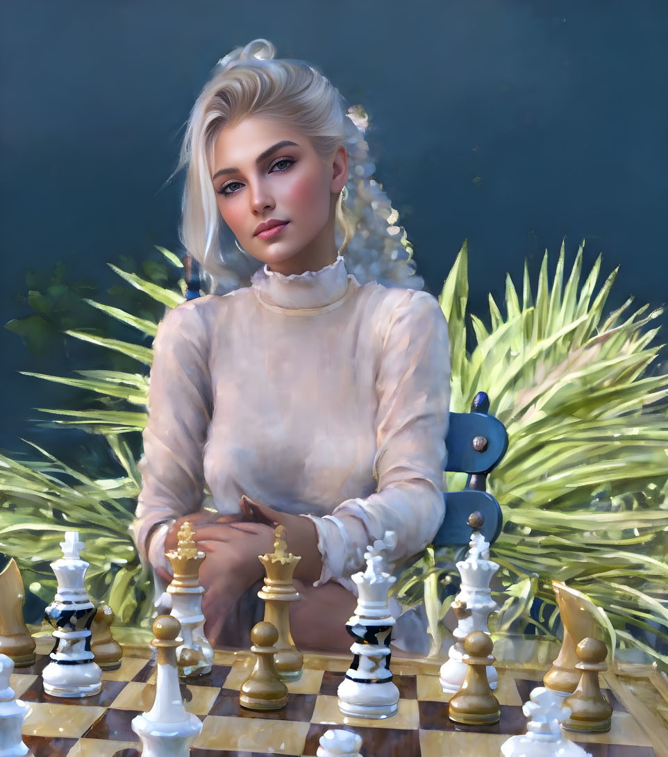 Blond Woman Playing Chess in Tropical Setting