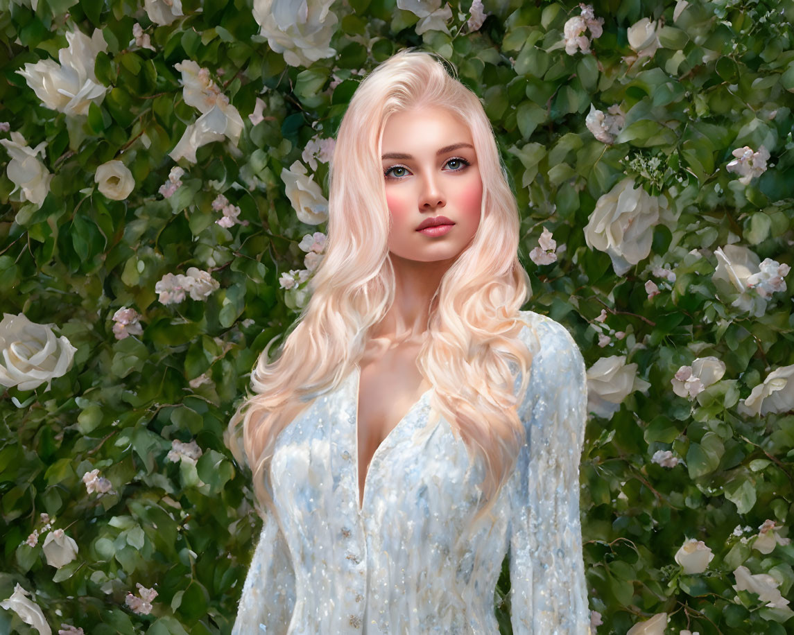 Blonde Woman in Blue Dress Surrounded by White Roses