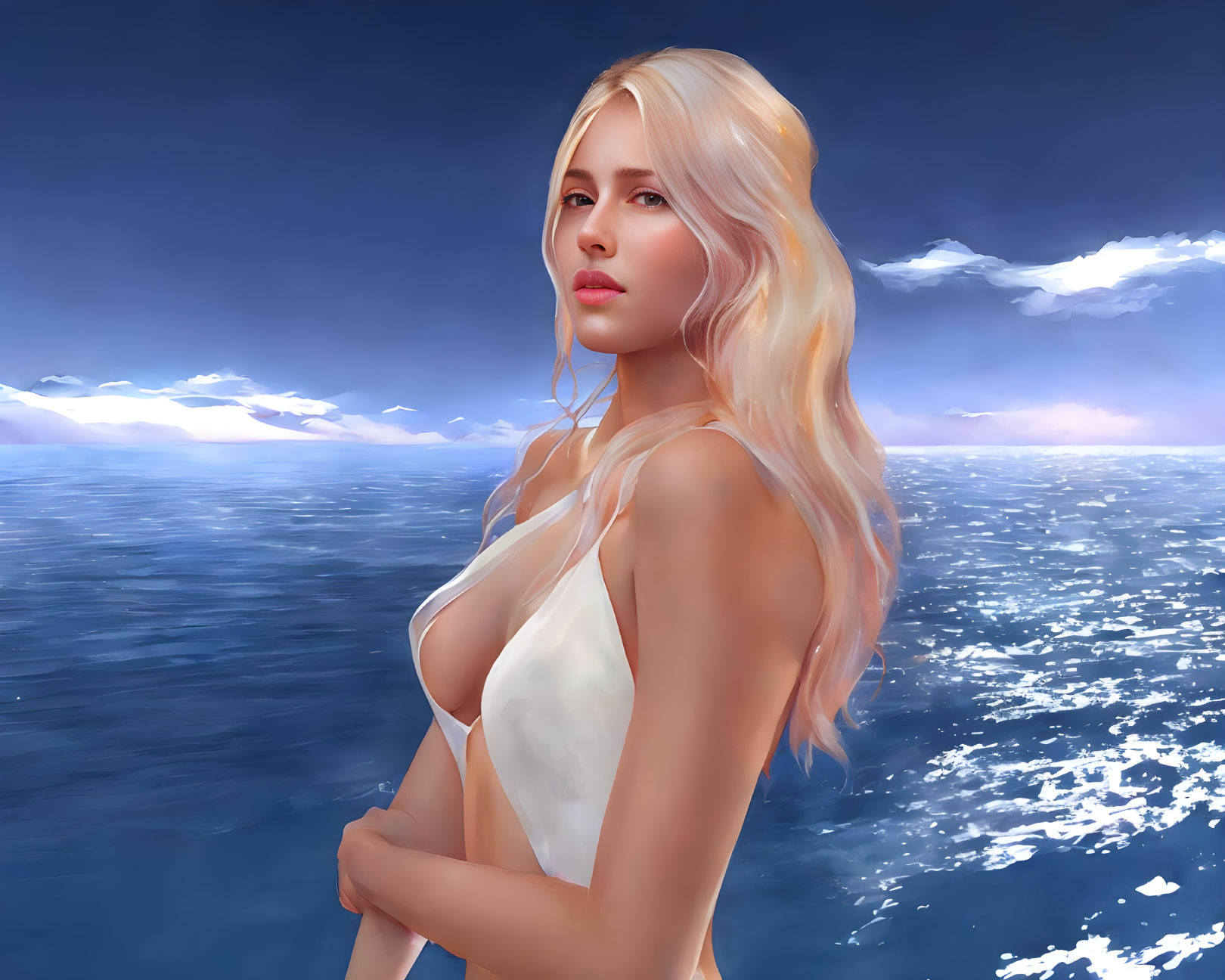 Blonde Woman in White Dress by Sea at Twilight