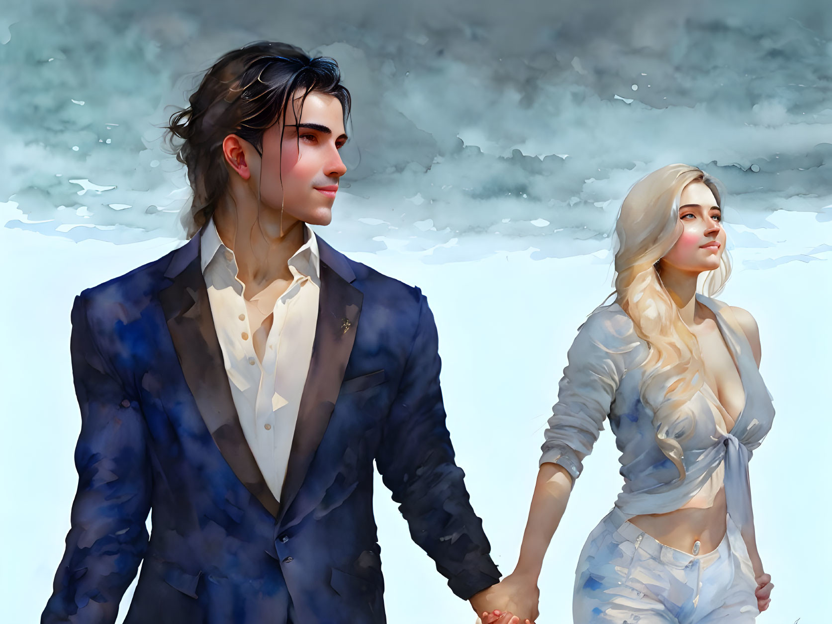 Digital artwork of couple holding hands in blue suit and light outfit against cloudy backdrop