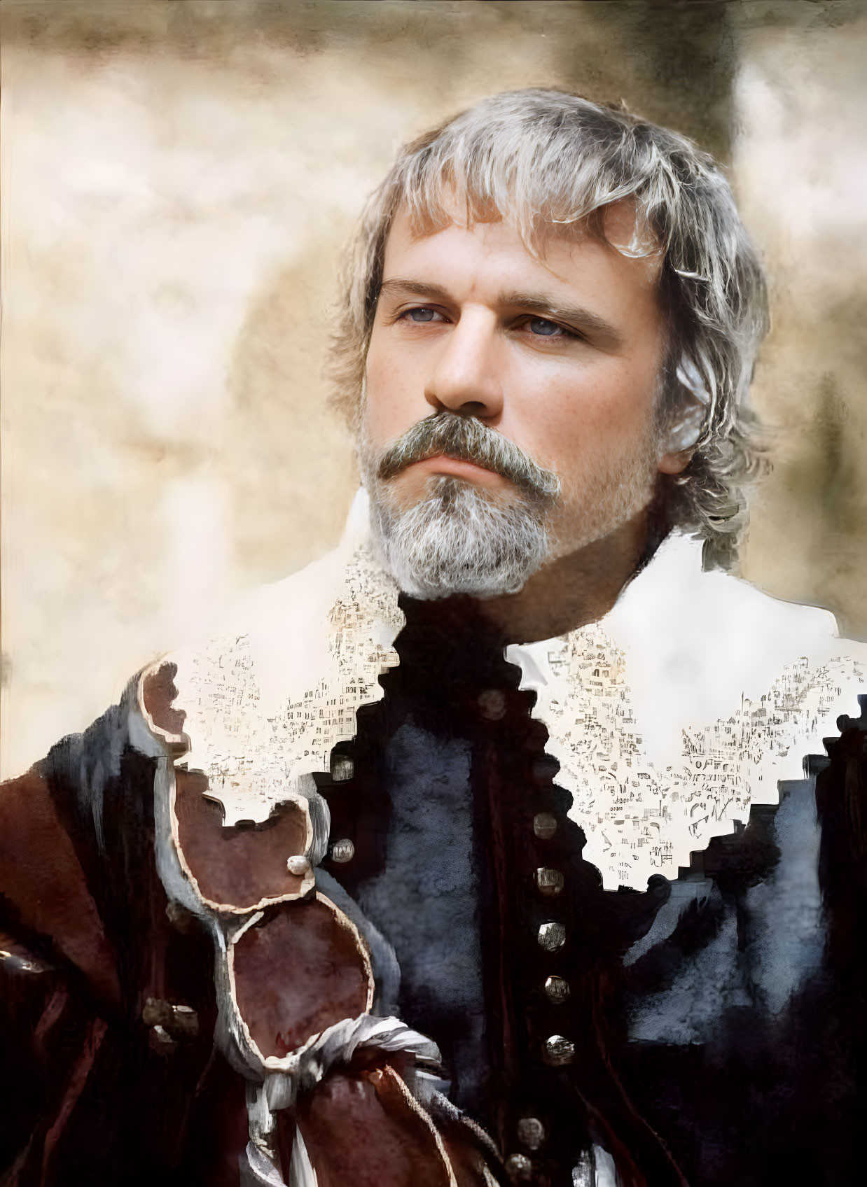 Man with Beard and Mustache in 17th-Century Outfit Against Textured Background