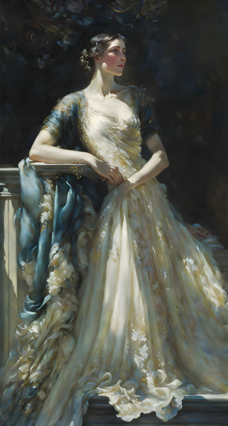 Woman in embellished gown leaning against balustrade in dreamy setting