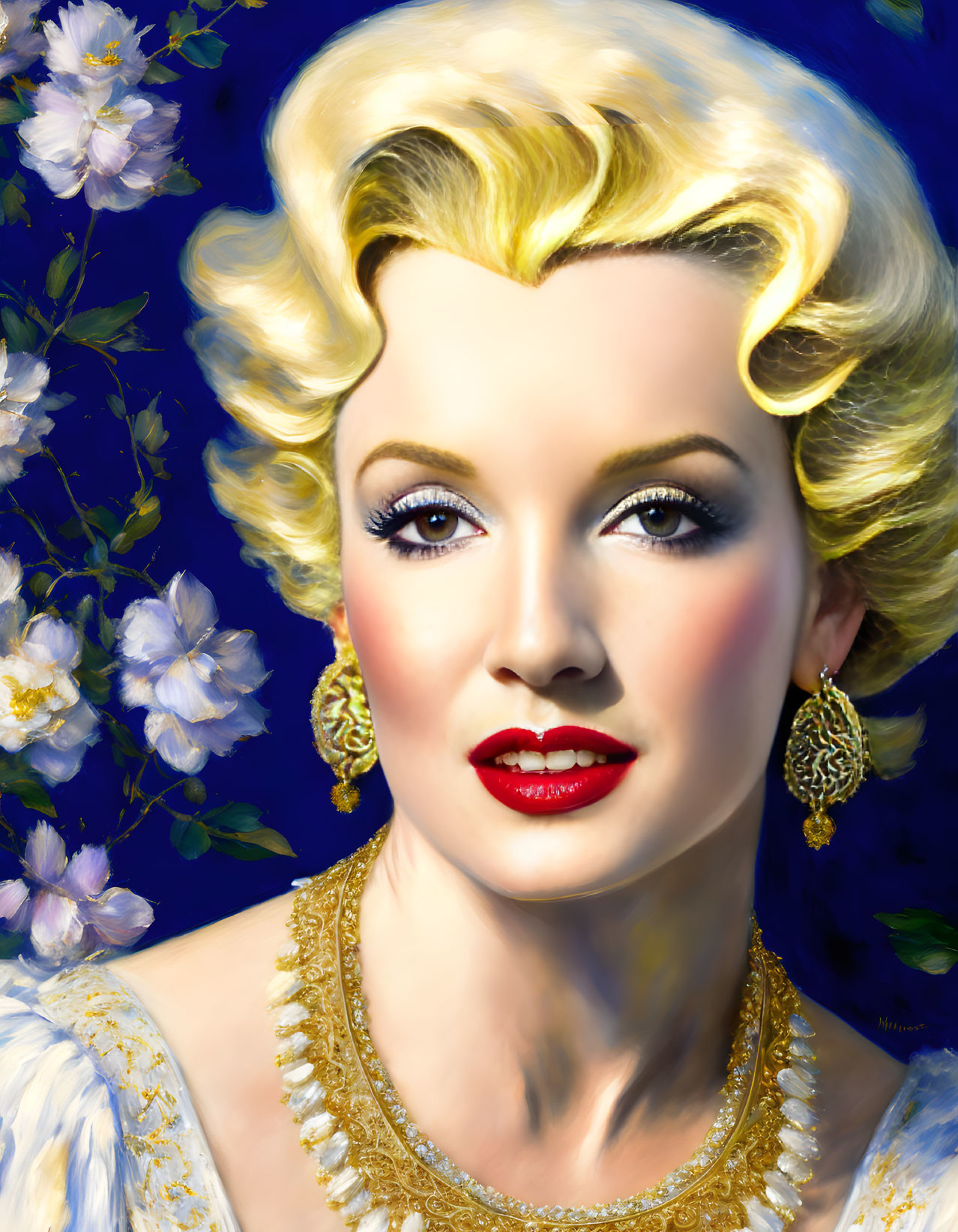 Blonde woman with red lipstick and glamorous makeup in white dress and gold jewelry surrounded by white flowers.