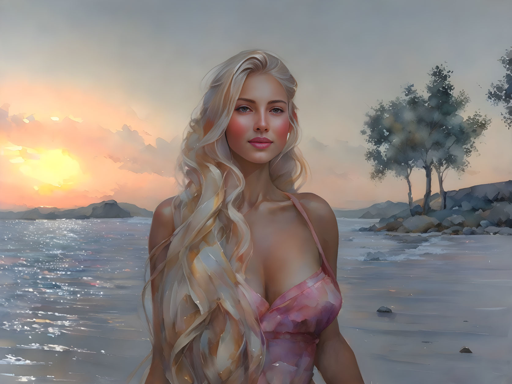 Blonde Woman in Pink Dress by Sea at Sunset