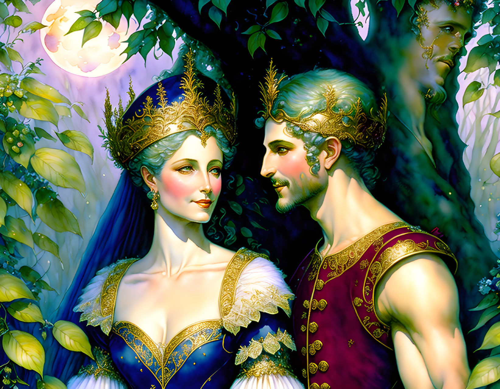 Fantasy illustration: Royal couple in ornate clothing, faces in foliage, moonlit sky