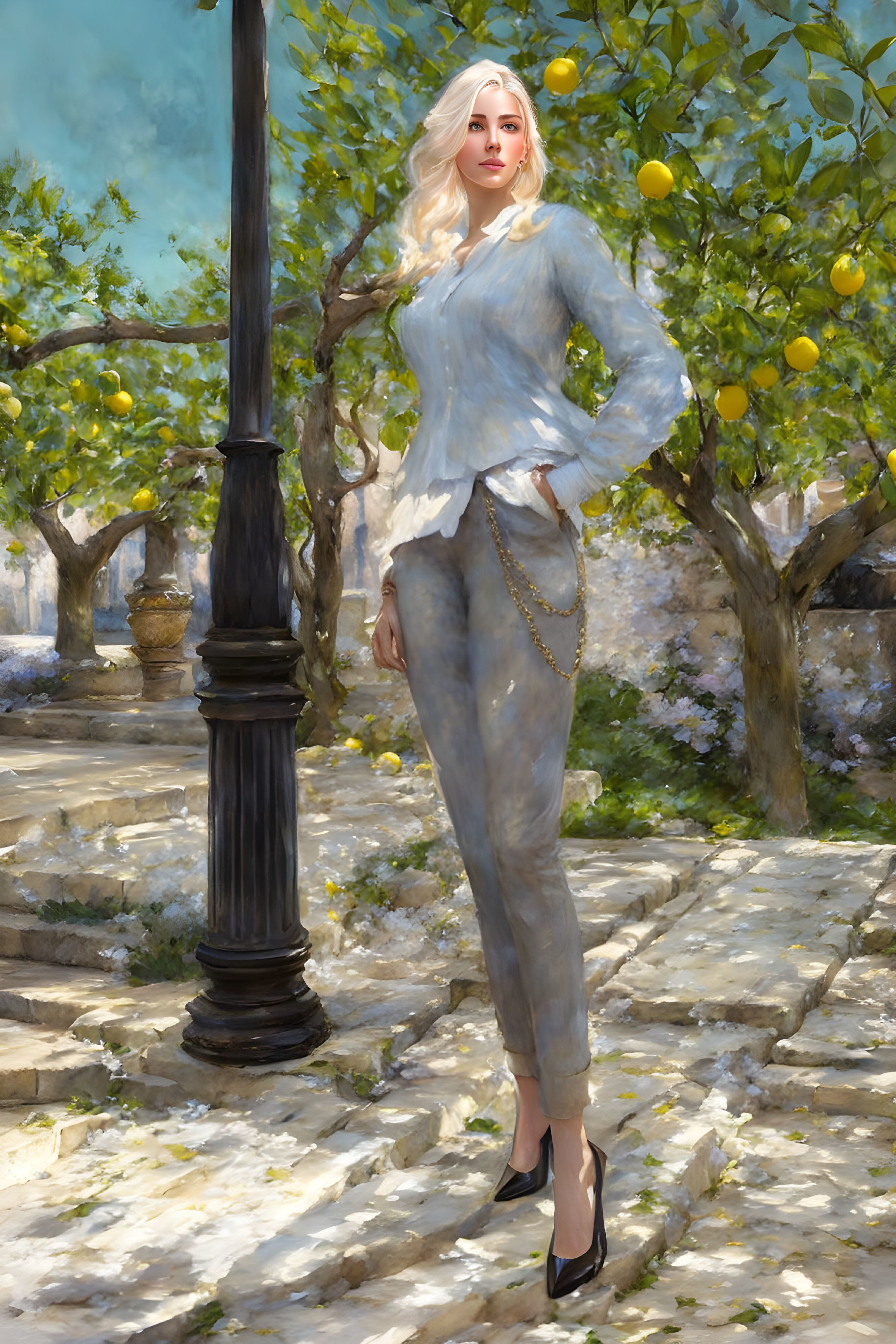 Blonde woman in blue outfit by lamp post among lemon trees