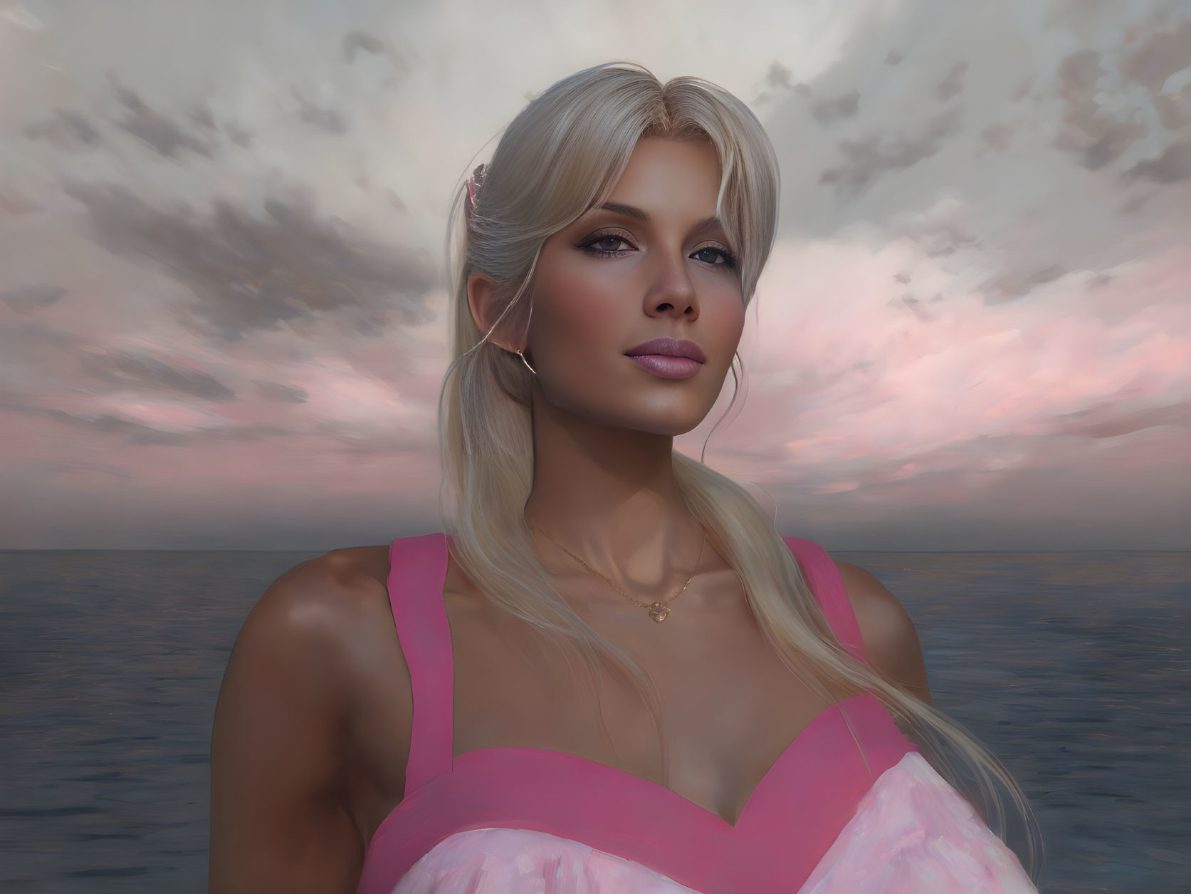 Blonde Woman in Pink Dress with Ocean Sunset Background