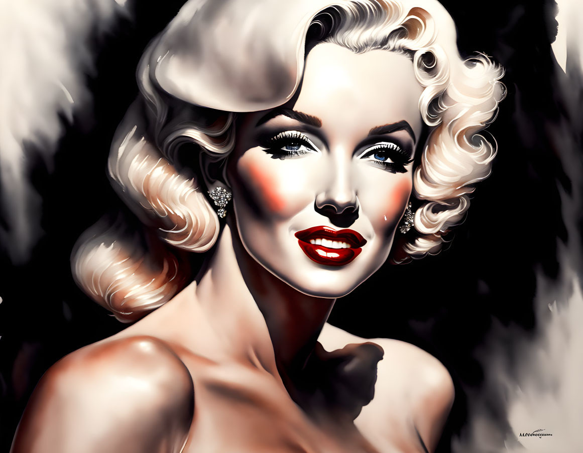 Stylized portrait of glamorous woman with blonde curls and red lips