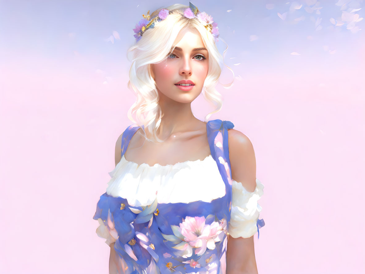 Woman with wavy blonde hair in floral wreath and blue dress on pink background