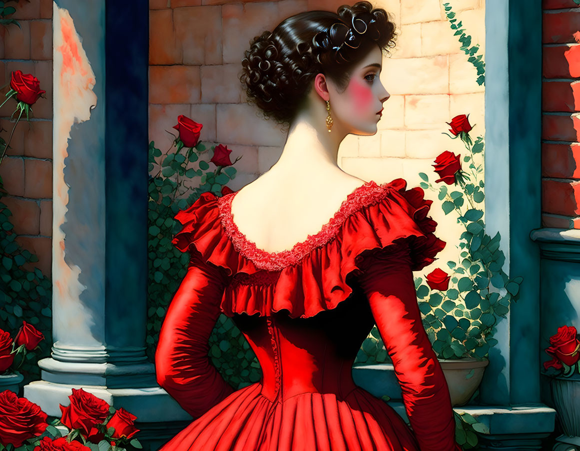 Victorian woman in red dress with roses by column