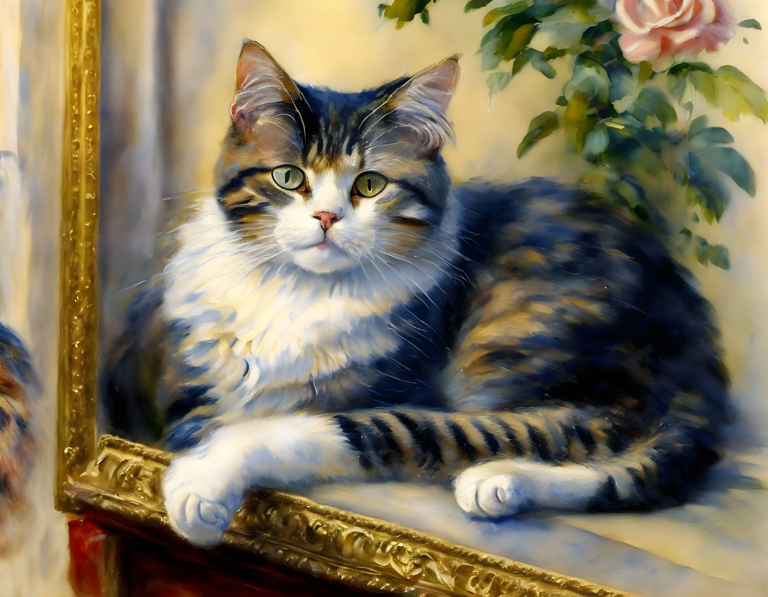 Tabby Cat with Striking Markings Beside Golden Frame in Floral Setting