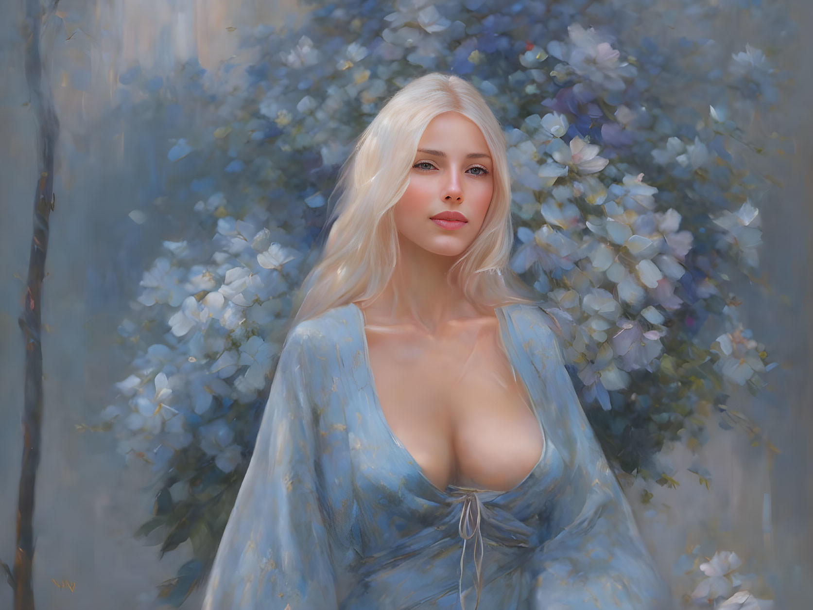 Platinum Blonde Woman in Blue Attire Among Blue Blossoms