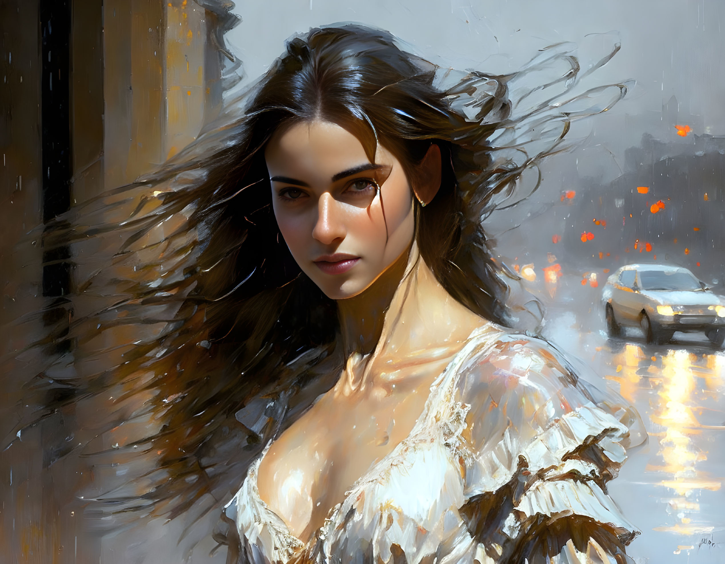 Digital painting of woman on sunlit street with flowing hair.