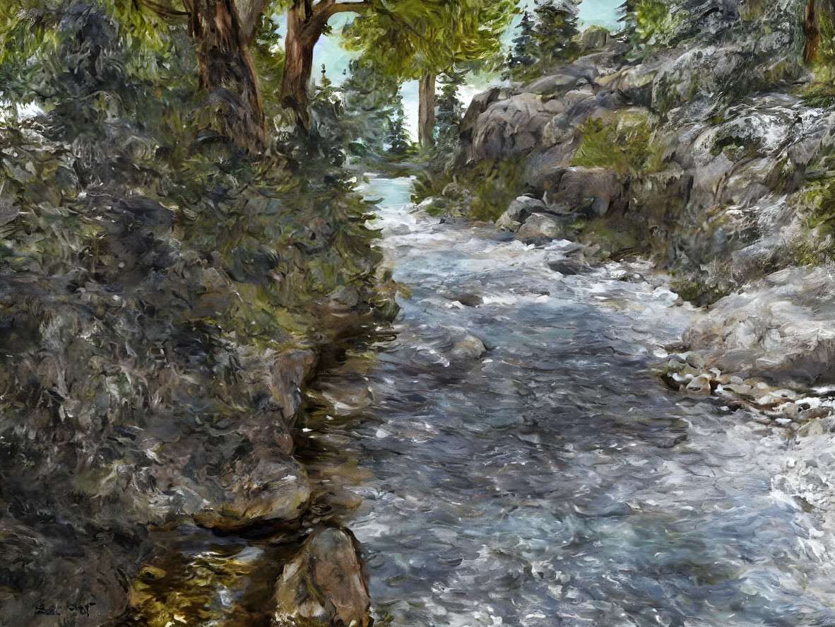 Vibrant painting of rocky stream and lush trees capturing natural beauty