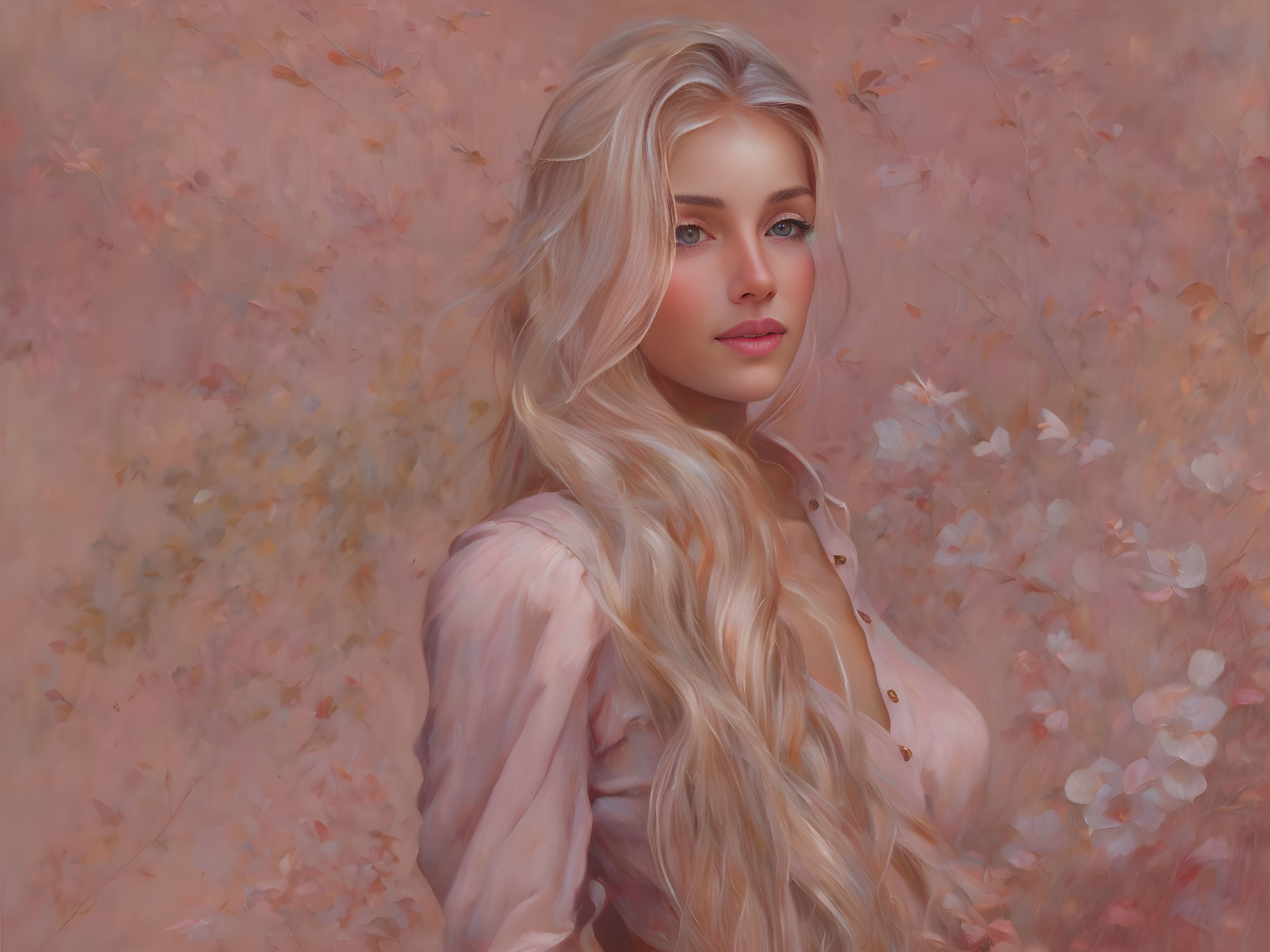 Blonde woman portrait with pink lips on pastel backdrop