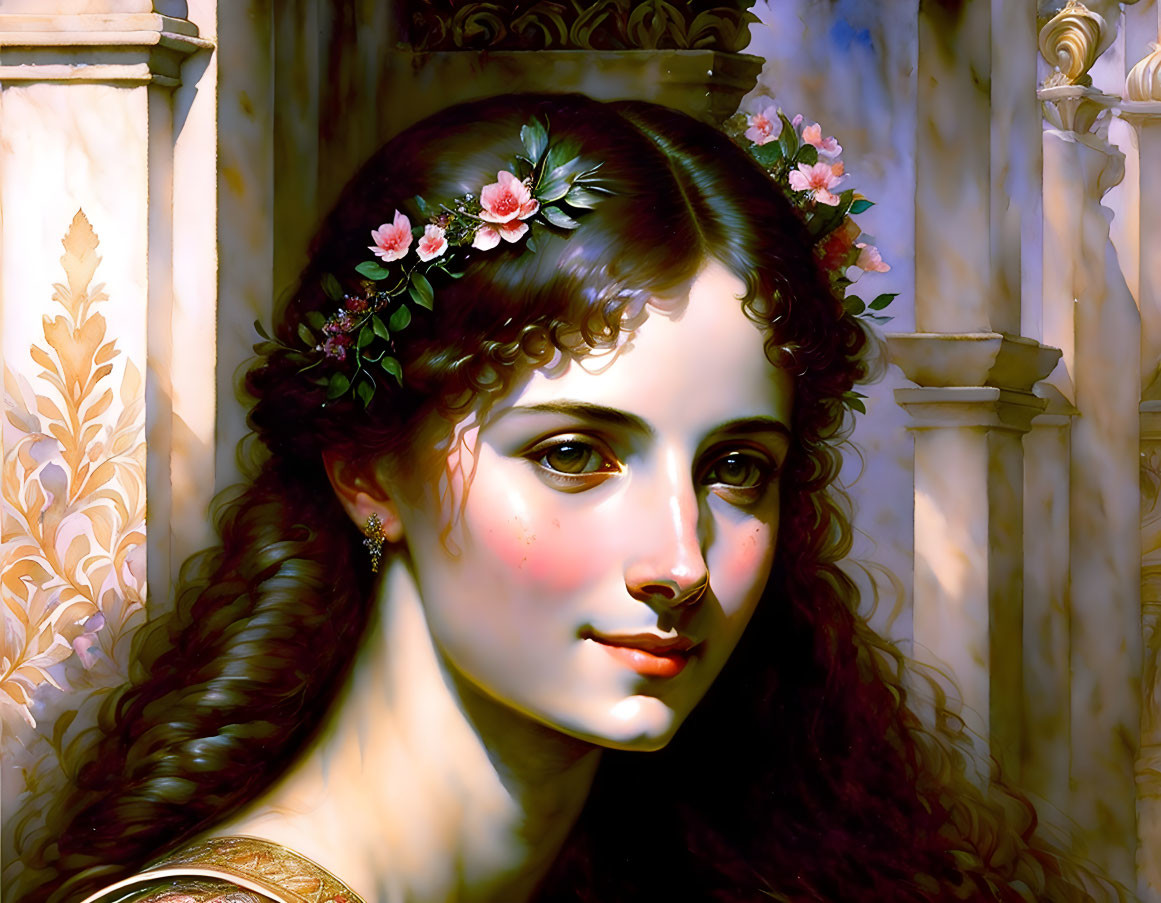 Detailed portrait of a woman with a floral crown and soft lighting against classical architecture