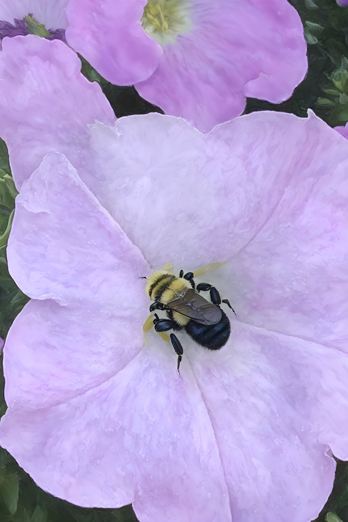 Bee gathering pollen on pink flower petals