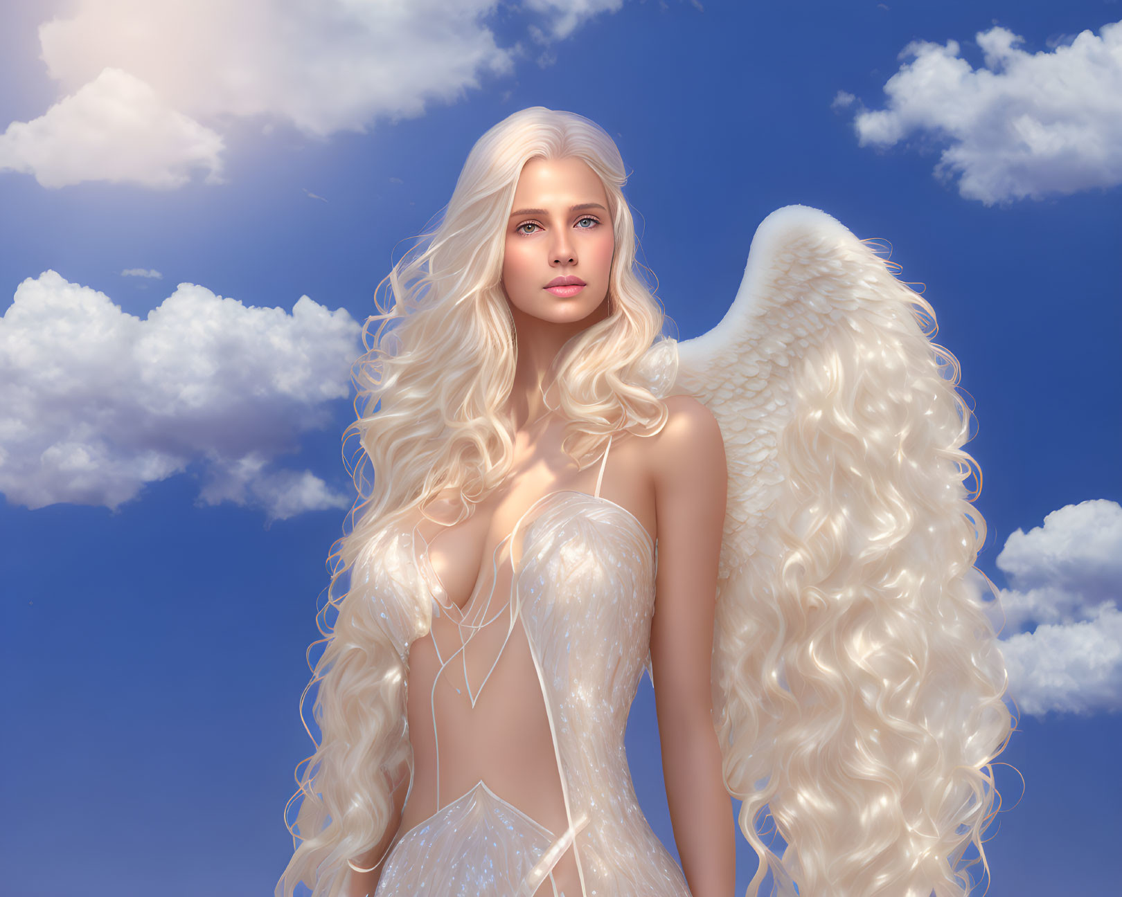 Blonde angel with white wings in celestial setting