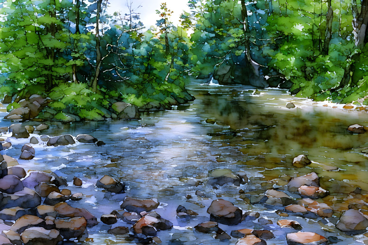 Tranquil watercolor: Rocky stream in lush forest.