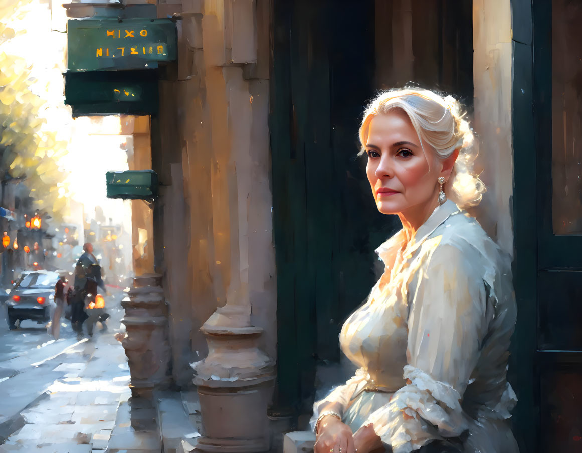 White-haired woman in cream blouse on sunlit street corner