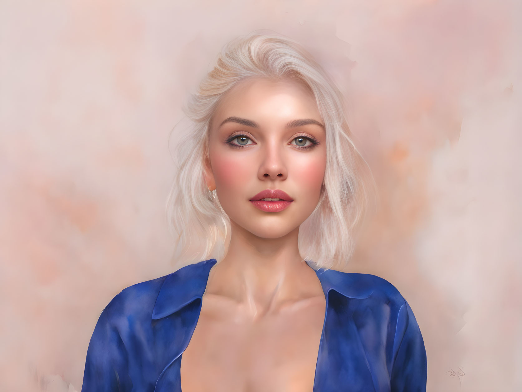 Portrait of woman with platinum blonde hair and blue eyes in deep blue blouse on soft pink background