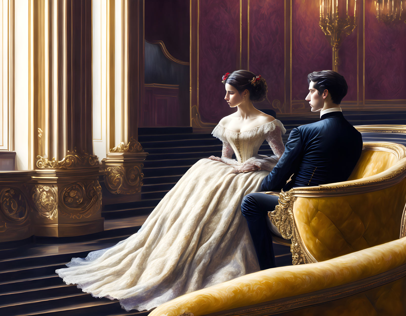 Formal Attired Couple on Golden Sofa in Luxurious Room